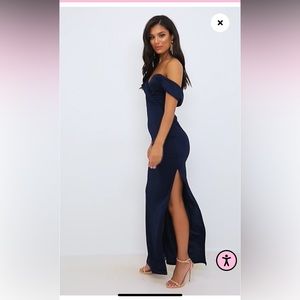 Navy Bardot Fold Detail Extreme Split Maxi Dress